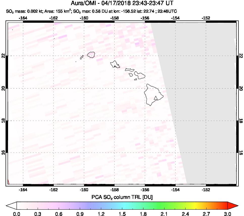 A sulfur dioxide image over Hawaii, USA on Apr 17, 2018.