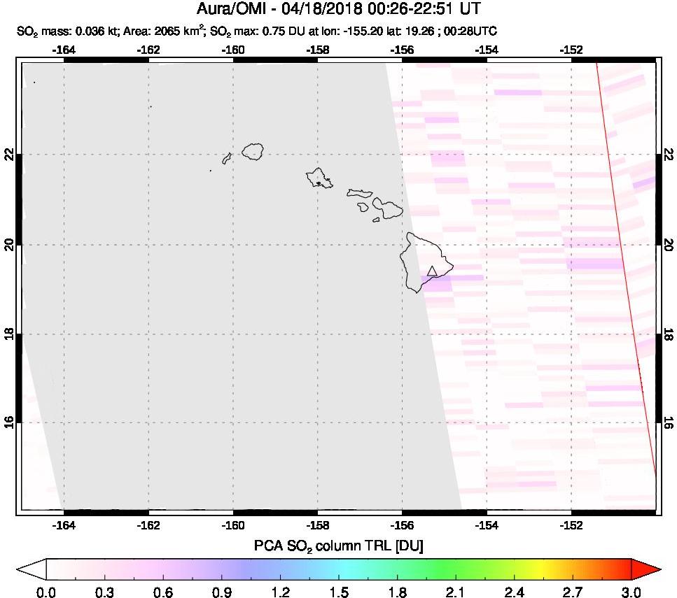 A sulfur dioxide image over Hawaii, USA on Apr 18, 2018.
