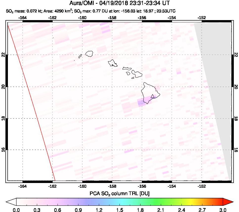 A sulfur dioxide image over Hawaii, USA on Apr 19, 2018.
