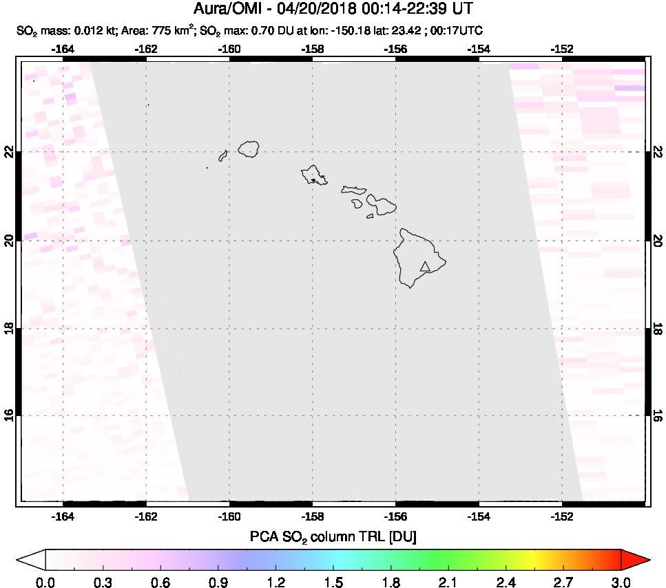 A sulfur dioxide image over Hawaii, USA on Apr 20, 2018.