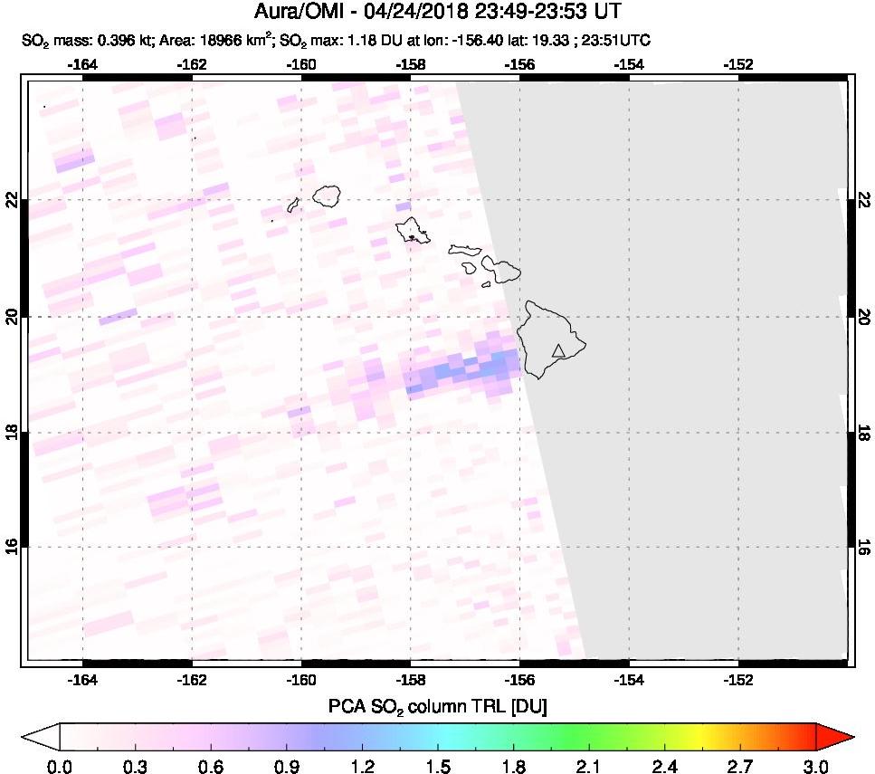 A sulfur dioxide image over Hawaii, USA on Apr 24, 2018.