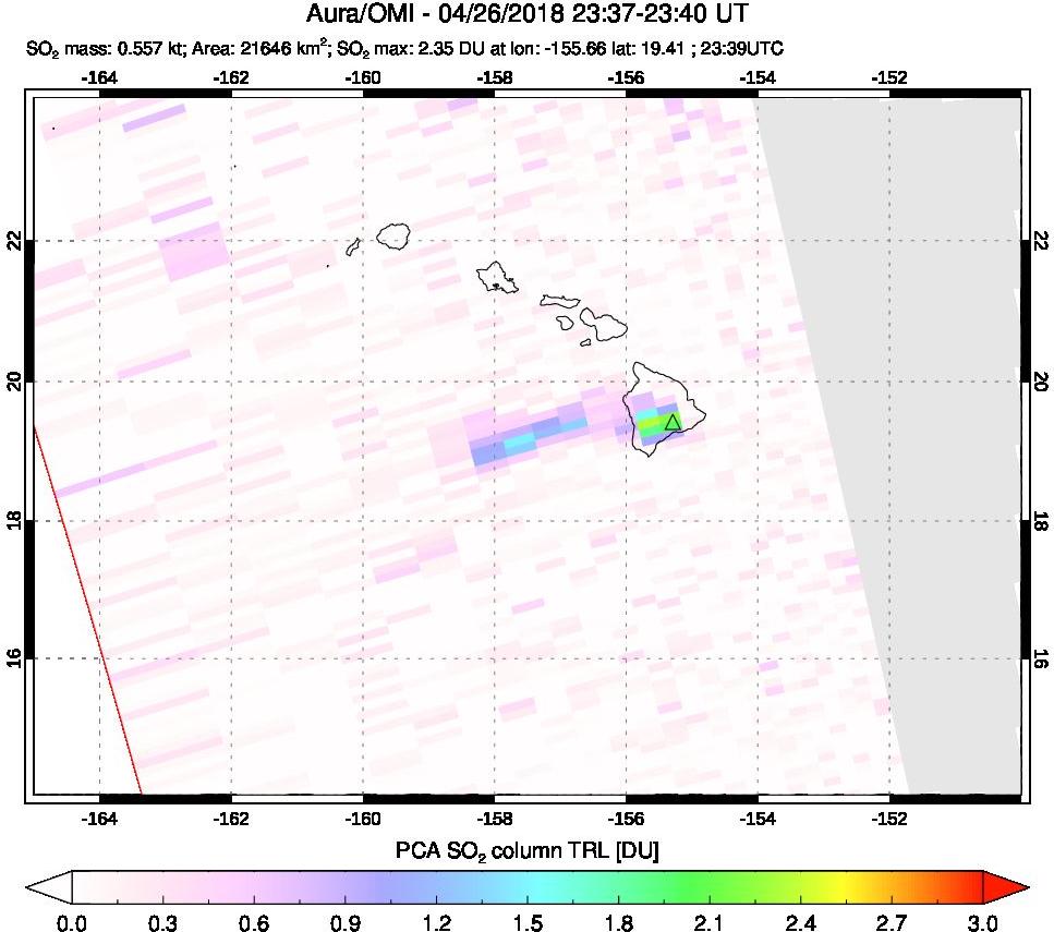 A sulfur dioxide image over Hawaii, USA on Apr 26, 2018.