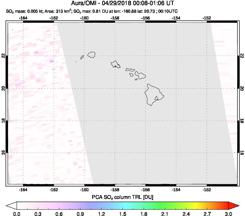 A sulfur dioxide image over Hawaii, USA on Apr 29, 2018.