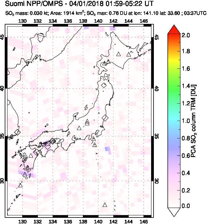 A sulfur dioxide image over Japan on Apr 01, 2018.