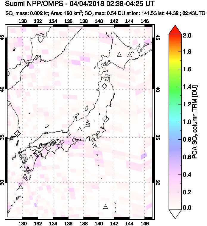 A sulfur dioxide image over Japan on Apr 04, 2018.