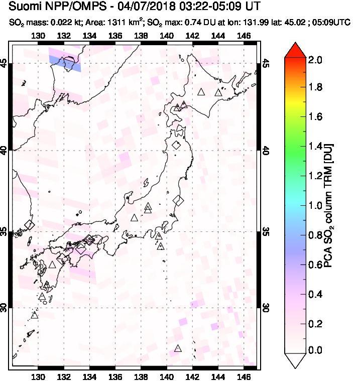 A sulfur dioxide image over Japan on Apr 07, 2018.