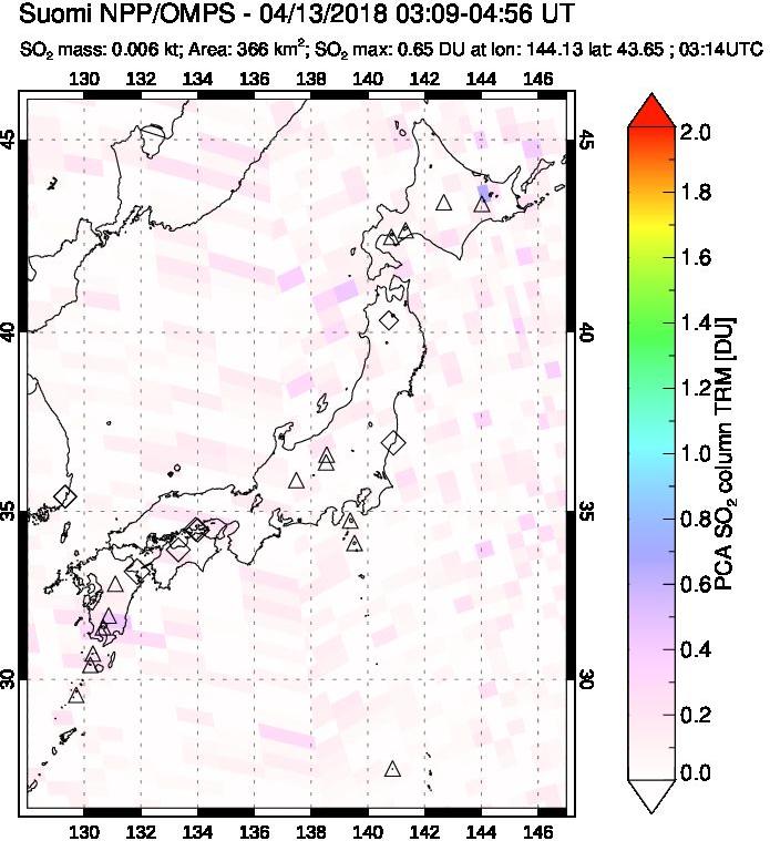 A sulfur dioxide image over Japan on Apr 13, 2018.
