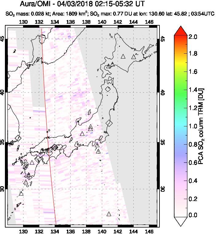 A sulfur dioxide image over Japan on Apr 03, 2018.