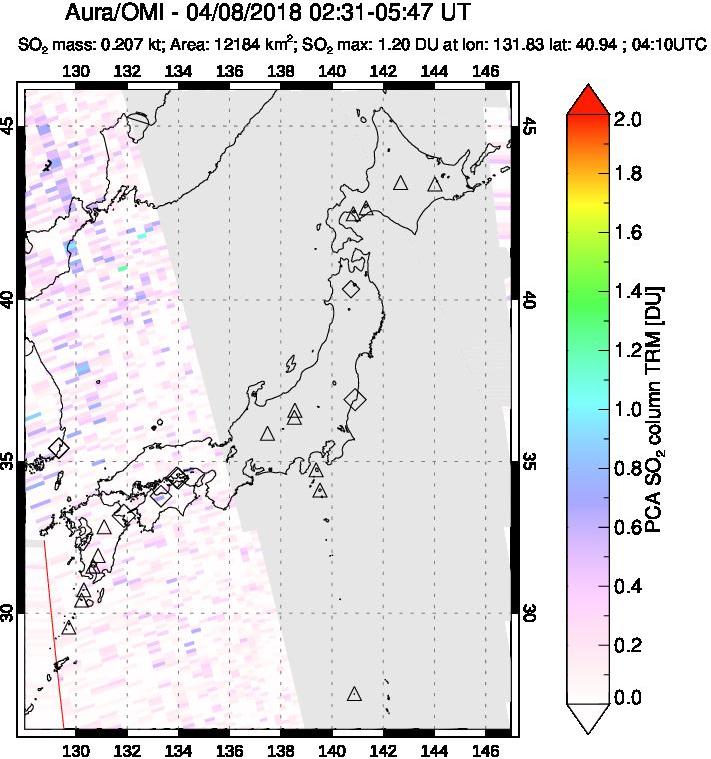 A sulfur dioxide image over Japan on Apr 08, 2018.