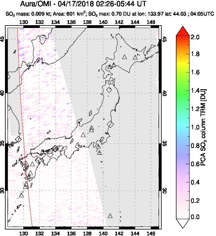A sulfur dioxide image over Japan on Apr 17, 2018.