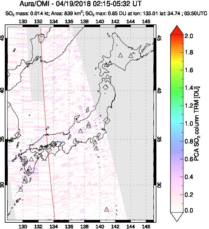 A sulfur dioxide image over Japan on Apr 19, 2018.