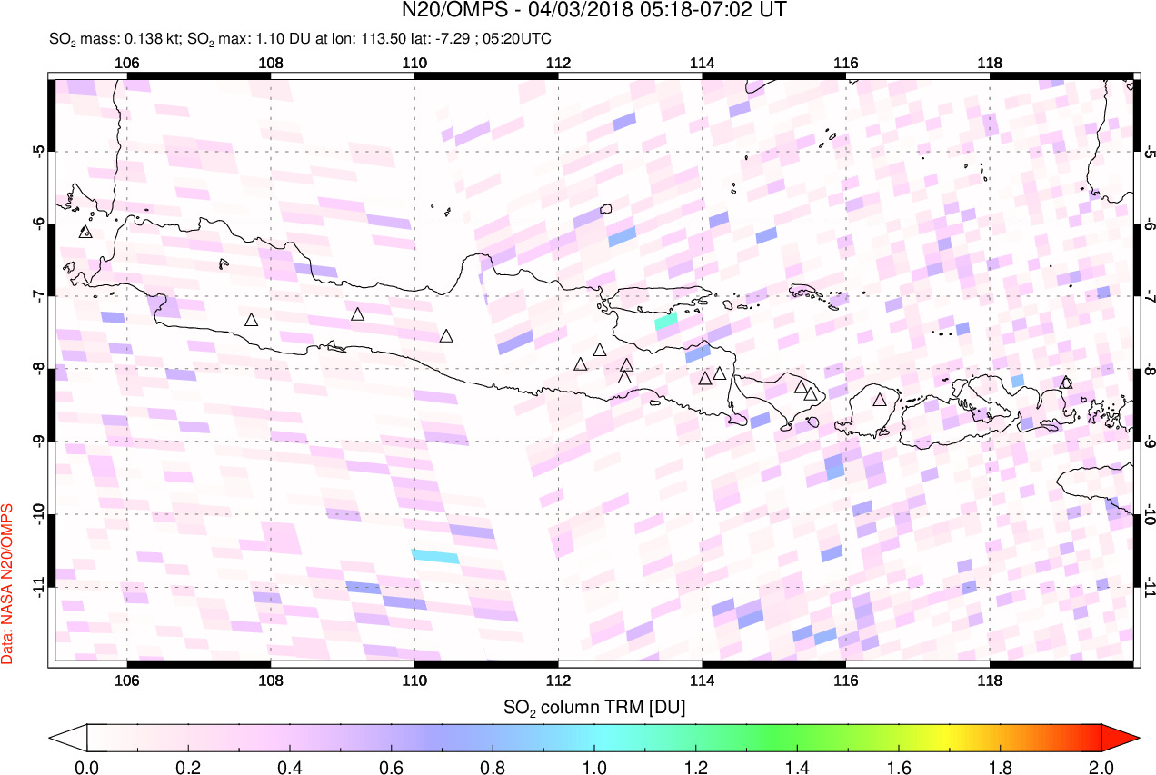 A sulfur dioxide image over Java, Indonesia on Apr 03, 2018.