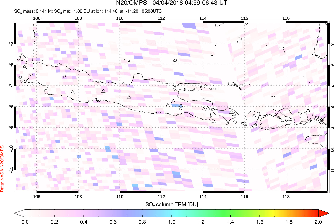 A sulfur dioxide image over Java, Indonesia on Apr 04, 2018.