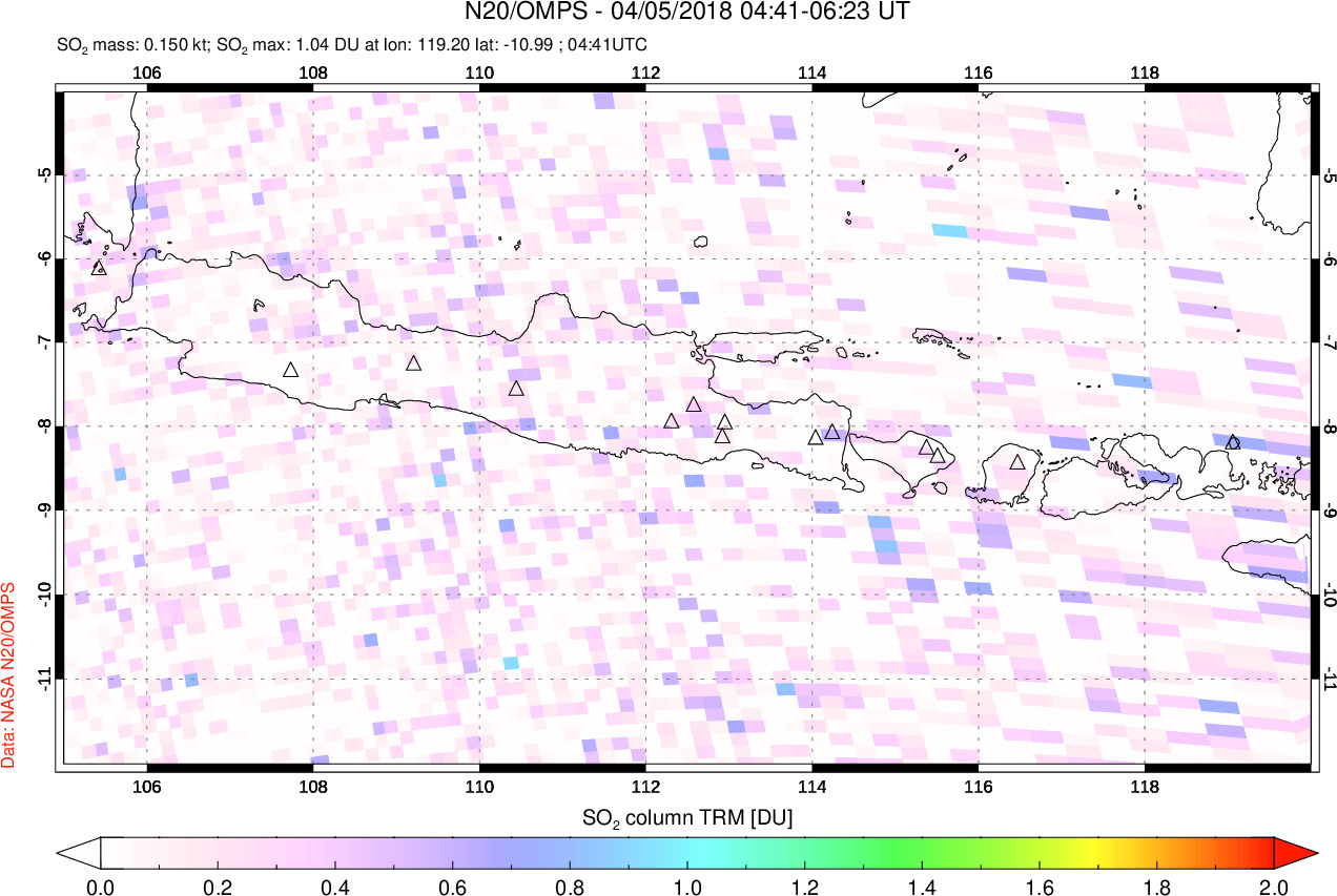 A sulfur dioxide image over Java, Indonesia on Apr 05, 2018.