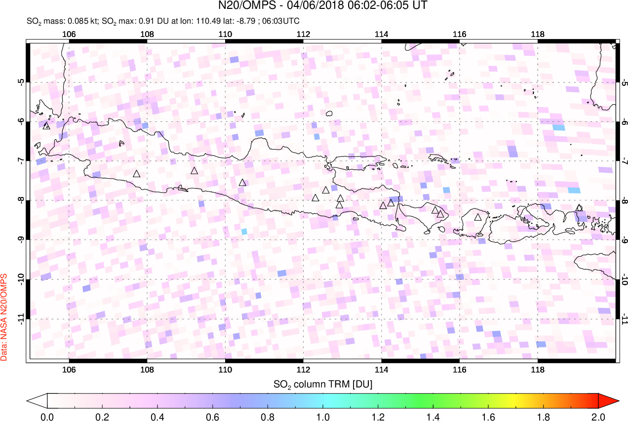 A sulfur dioxide image over Java, Indonesia on Apr 06, 2018.