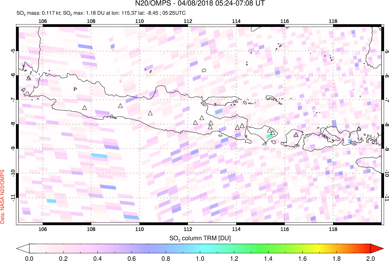 A sulfur dioxide image over Java, Indonesia on Apr 08, 2018.
