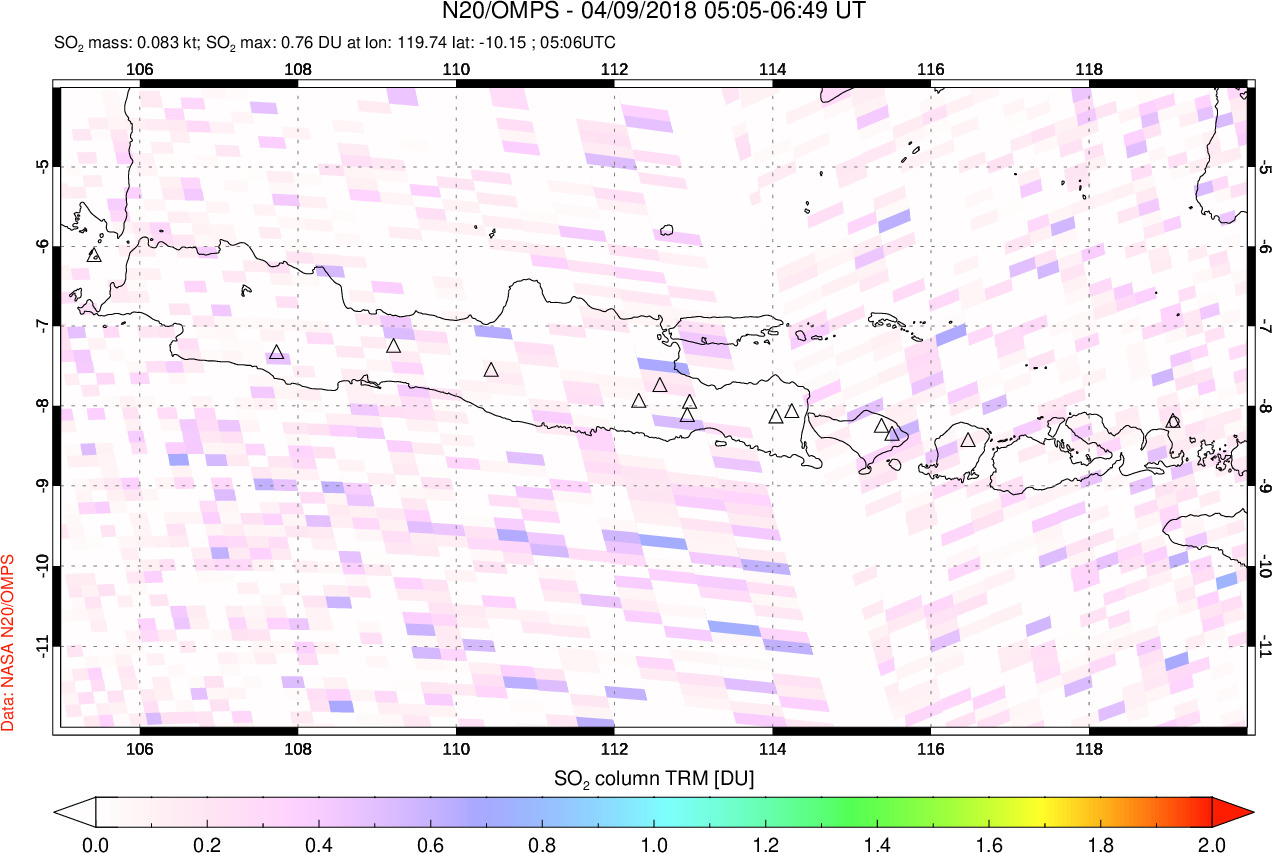 A sulfur dioxide image over Java, Indonesia on Apr 09, 2018.