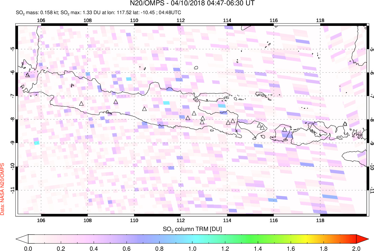 A sulfur dioxide image over Java, Indonesia on Apr 10, 2018.