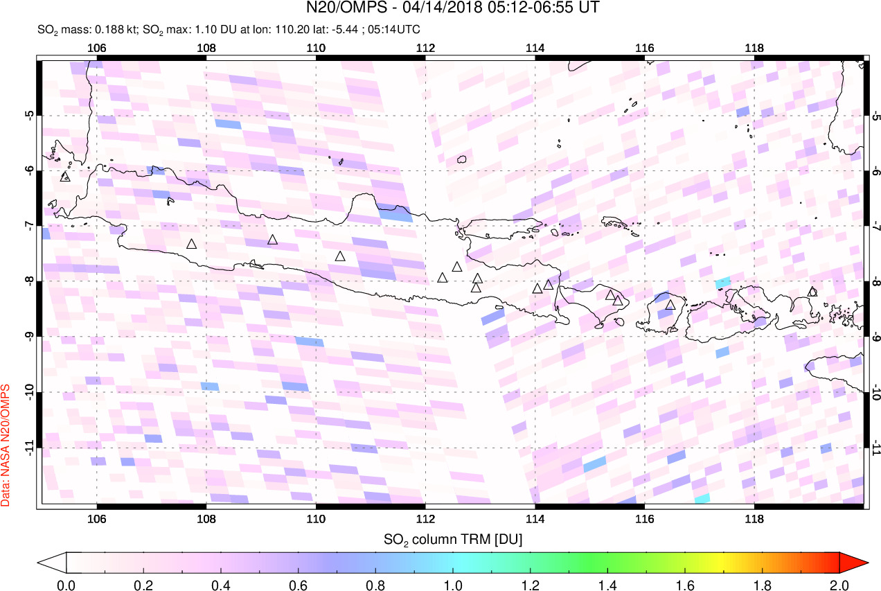 A sulfur dioxide image over Java, Indonesia on Apr 14, 2018.