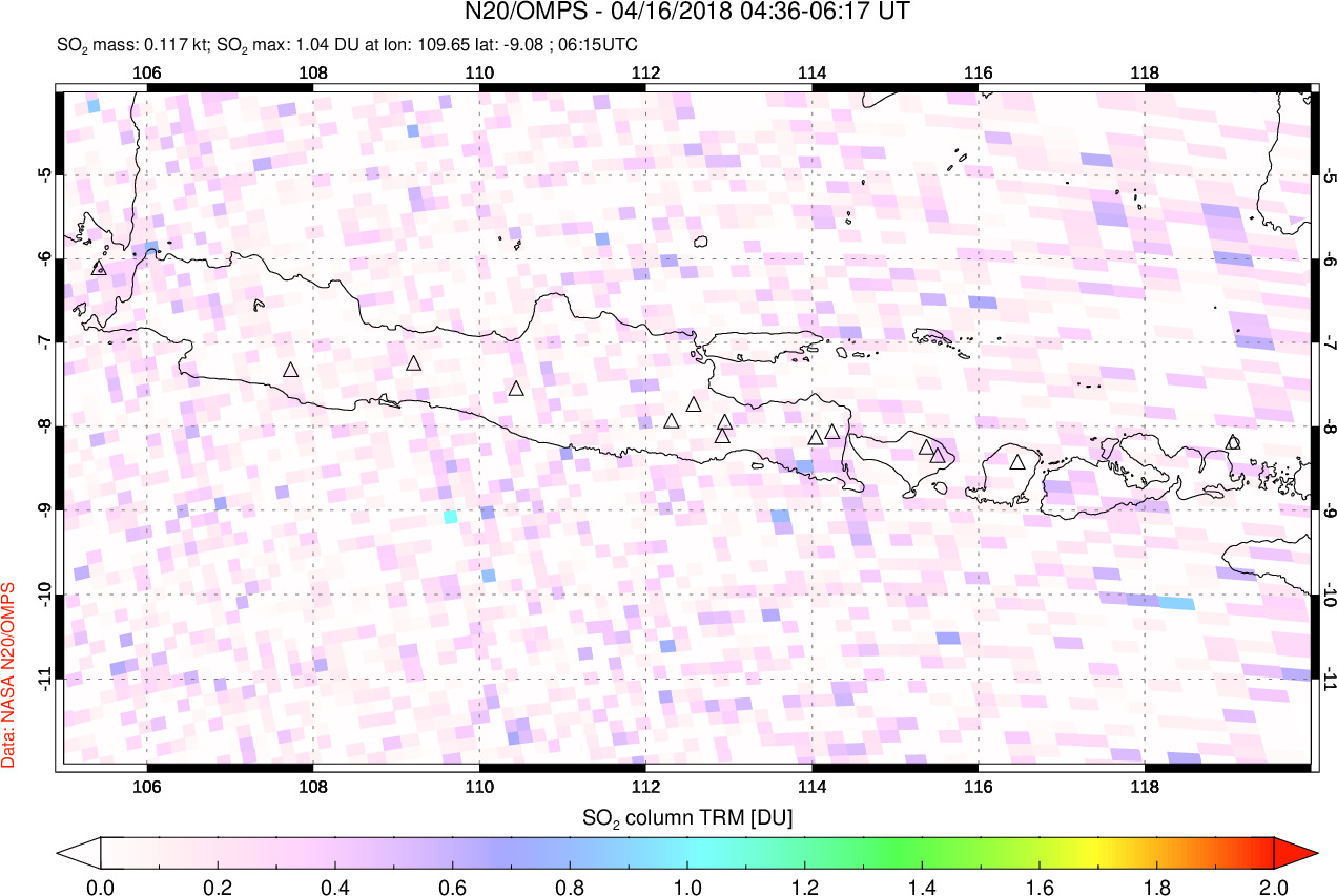 A sulfur dioxide image over Java, Indonesia on Apr 16, 2018.