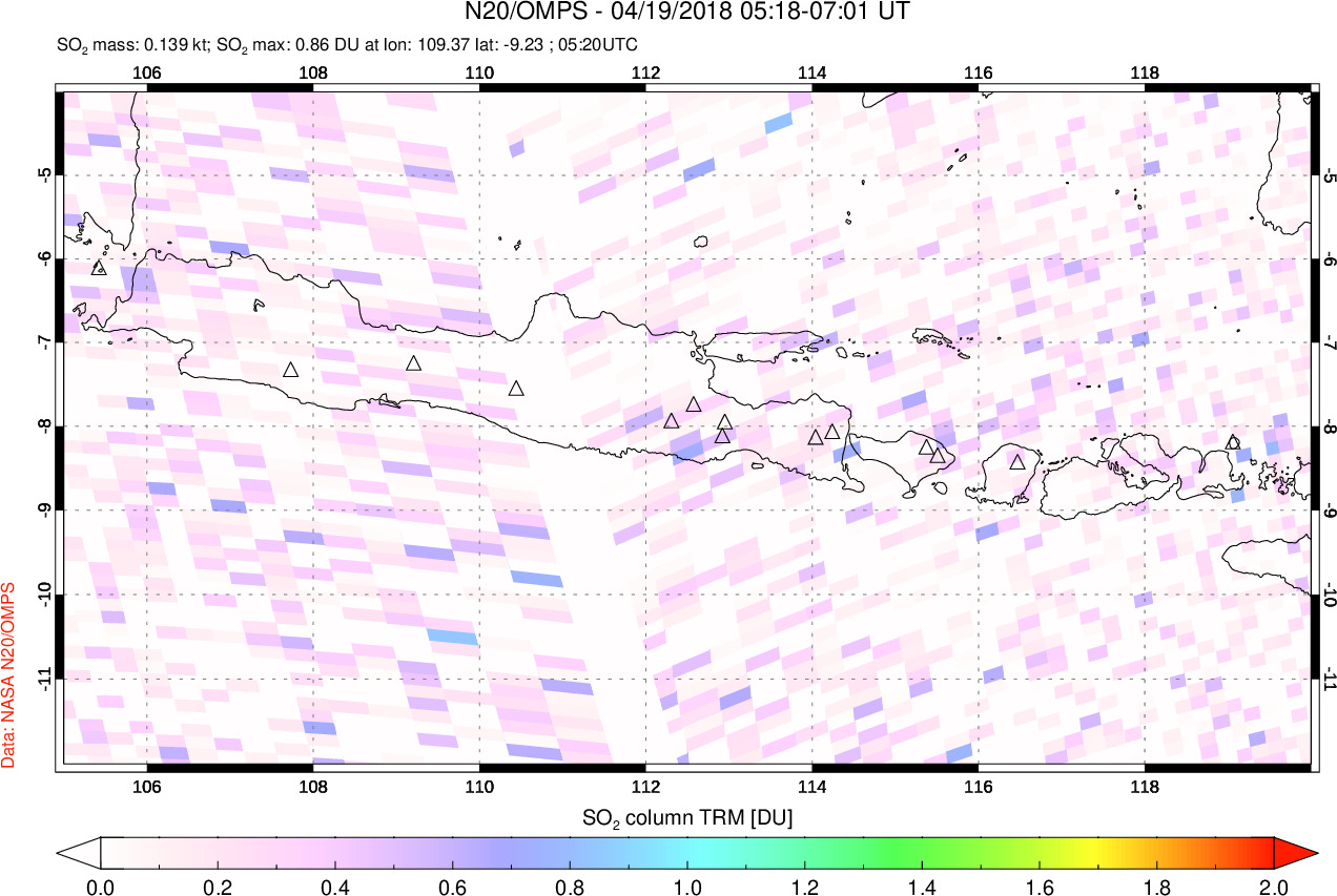 A sulfur dioxide image over Java, Indonesia on Apr 19, 2018.