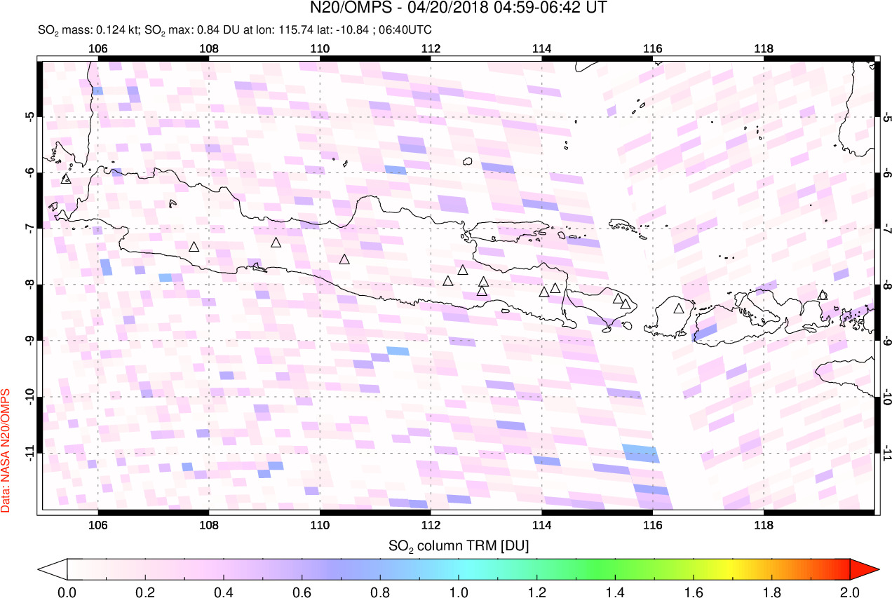 A sulfur dioxide image over Java, Indonesia on Apr 20, 2018.