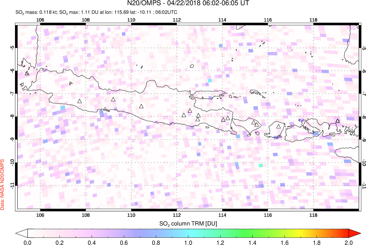 A sulfur dioxide image over Java, Indonesia on Apr 22, 2018.