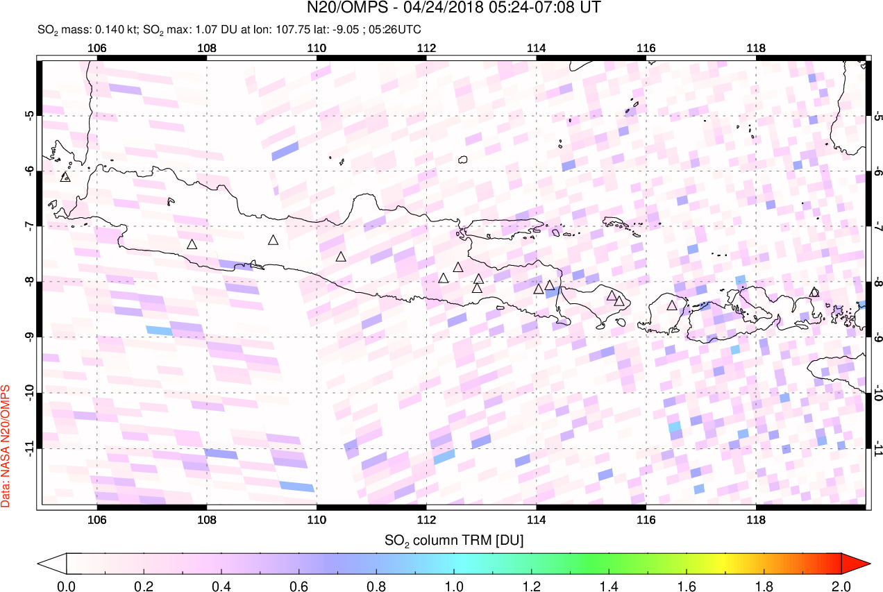 A sulfur dioxide image over Java, Indonesia on Apr 24, 2018.