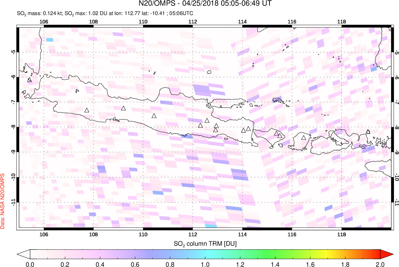 A sulfur dioxide image over Java, Indonesia on Apr 25, 2018.