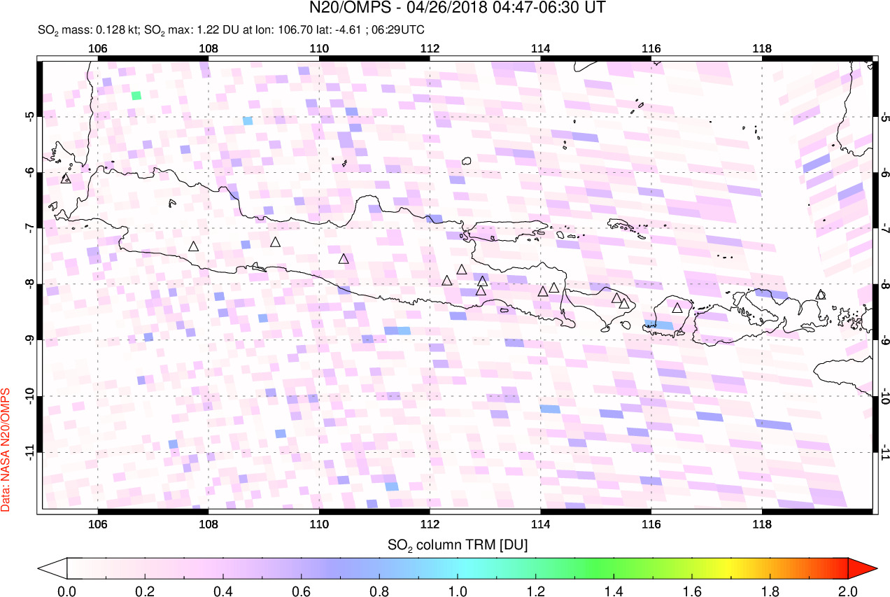 A sulfur dioxide image over Java, Indonesia on Apr 26, 2018.