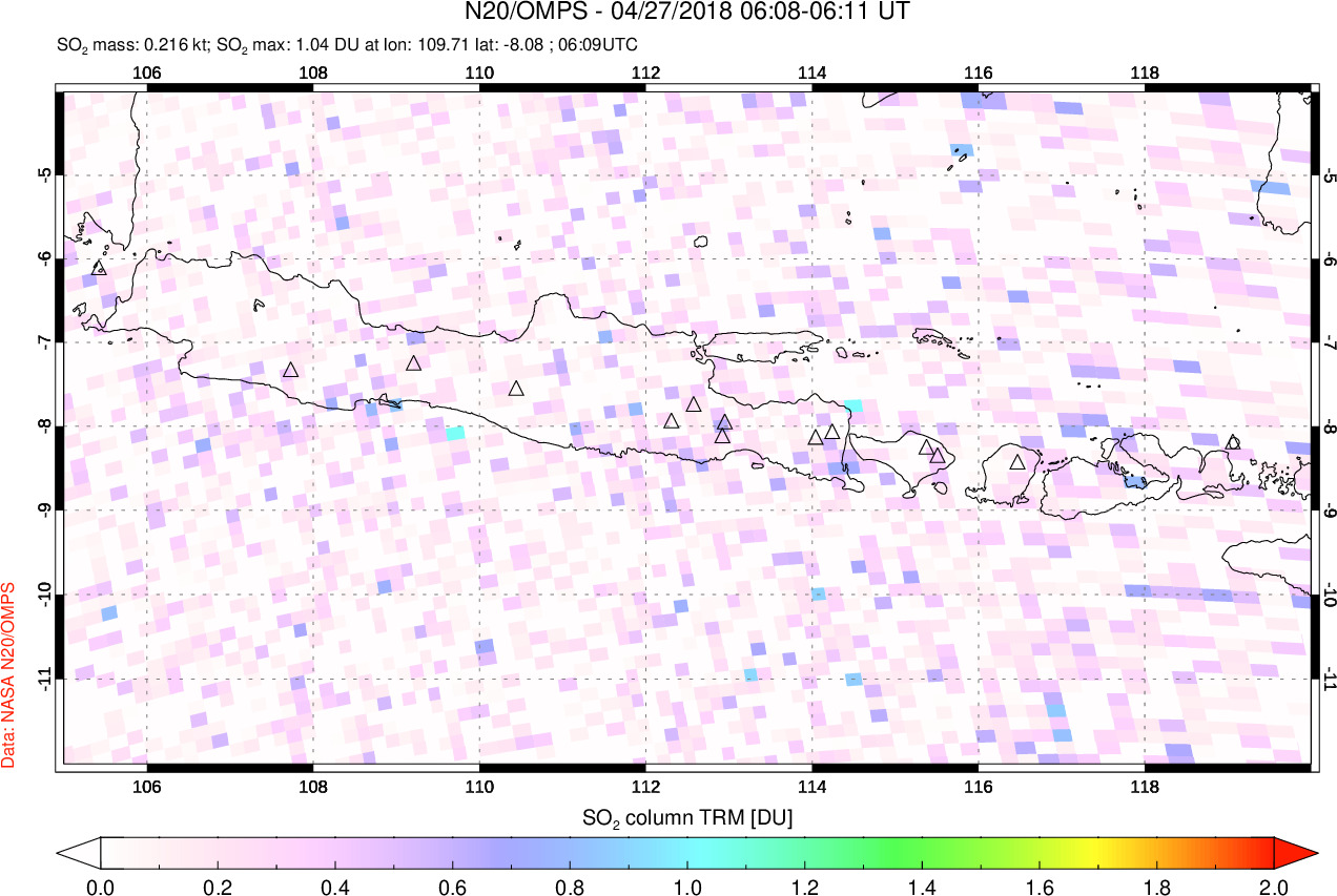 A sulfur dioxide image over Java, Indonesia on Apr 27, 2018.