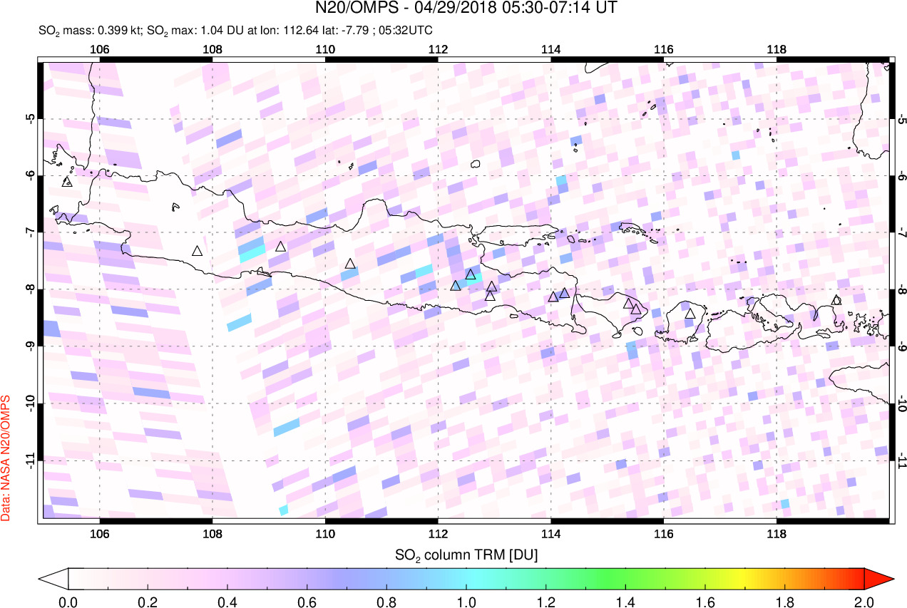 A sulfur dioxide image over Java, Indonesia on Apr 29, 2018.