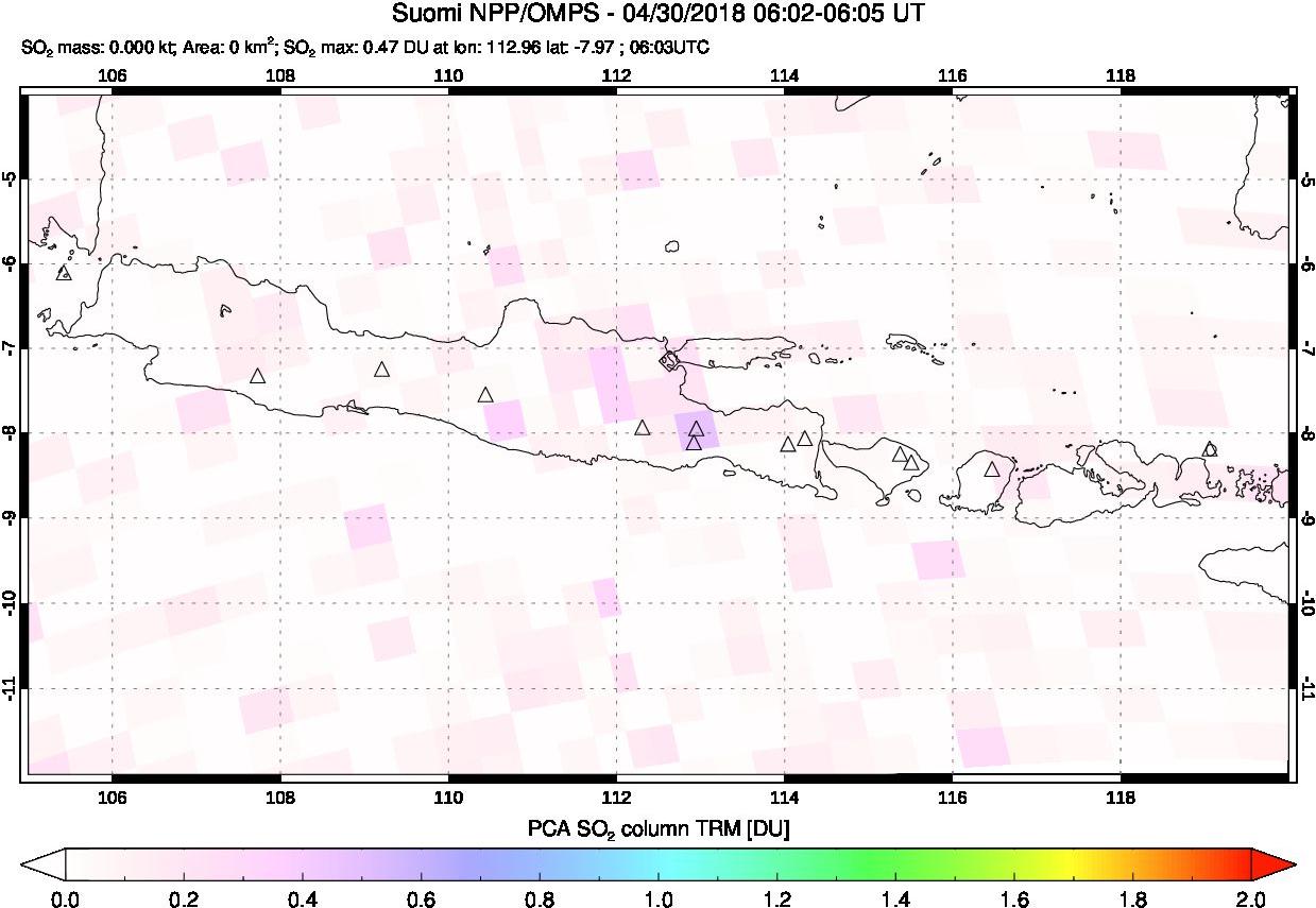 A sulfur dioxide image over Java, Indonesia on Apr 30, 2018.