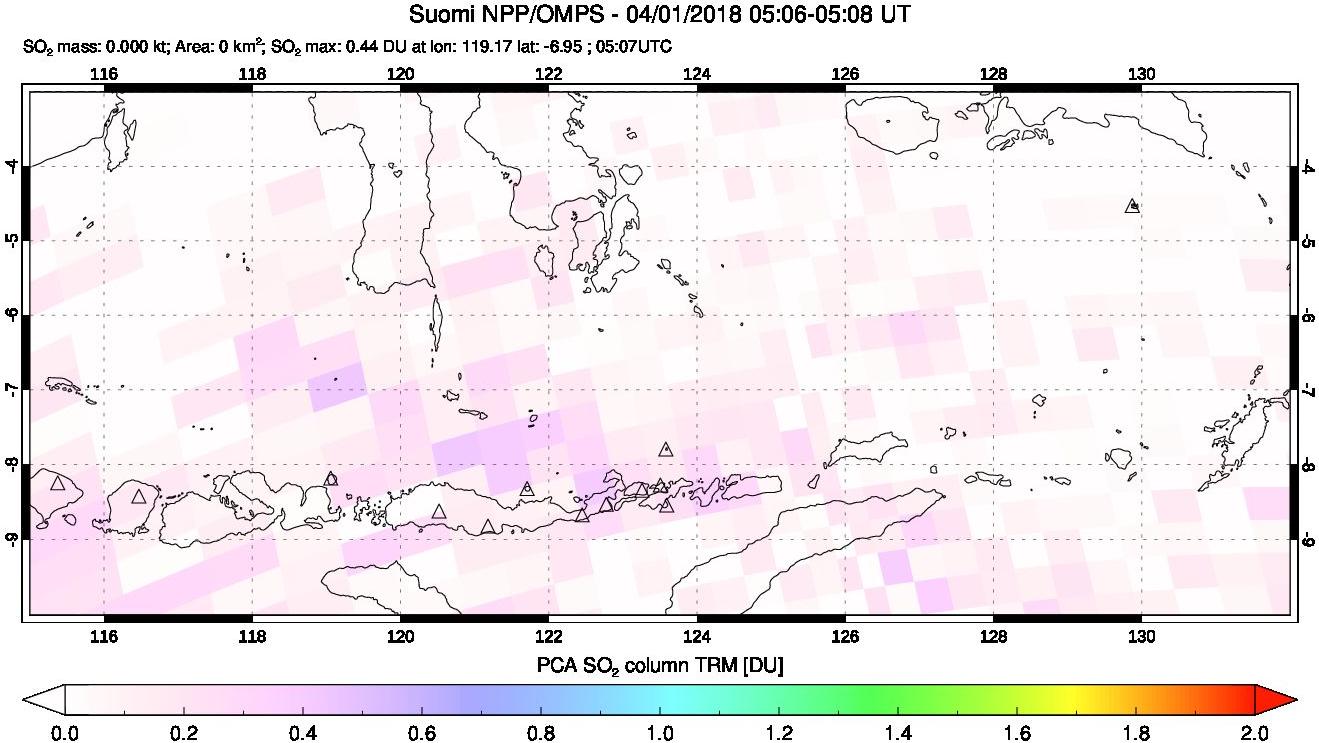 A sulfur dioxide image over Lesser Sunda Islands, Indonesia on Apr 01, 2018.