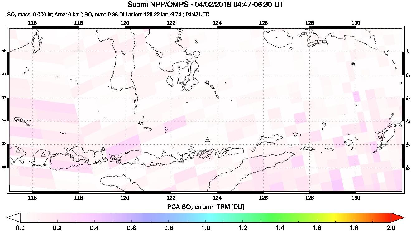 A sulfur dioxide image over Lesser Sunda Islands, Indonesia on Apr 02, 2018.