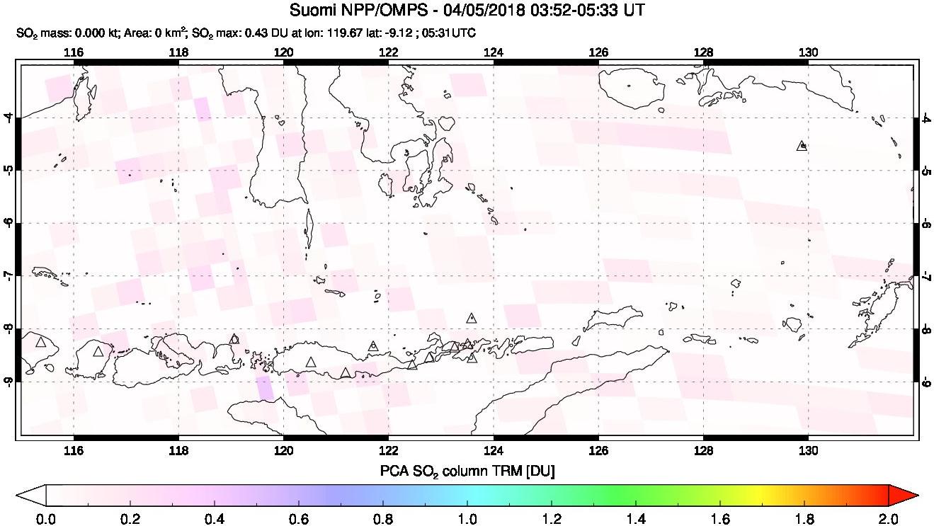 A sulfur dioxide image over Lesser Sunda Islands, Indonesia on Apr 05, 2018.