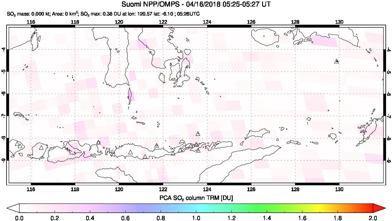 A sulfur dioxide image over Lesser Sunda Islands, Indonesia on Apr 16, 2018.