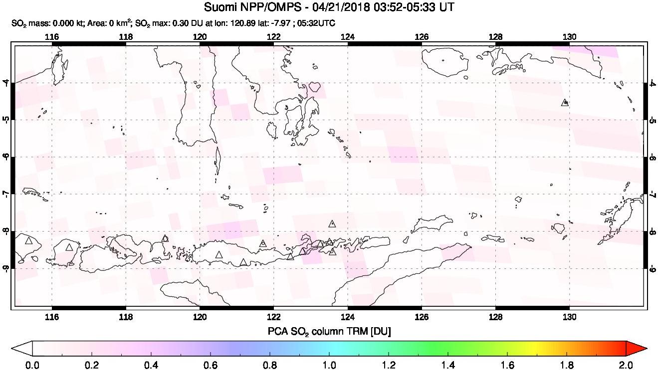 A sulfur dioxide image over Lesser Sunda Islands, Indonesia on Apr 21, 2018.