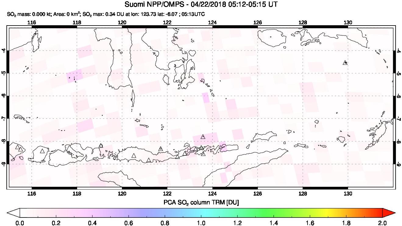 A sulfur dioxide image over Lesser Sunda Islands, Indonesia on Apr 22, 2018.
