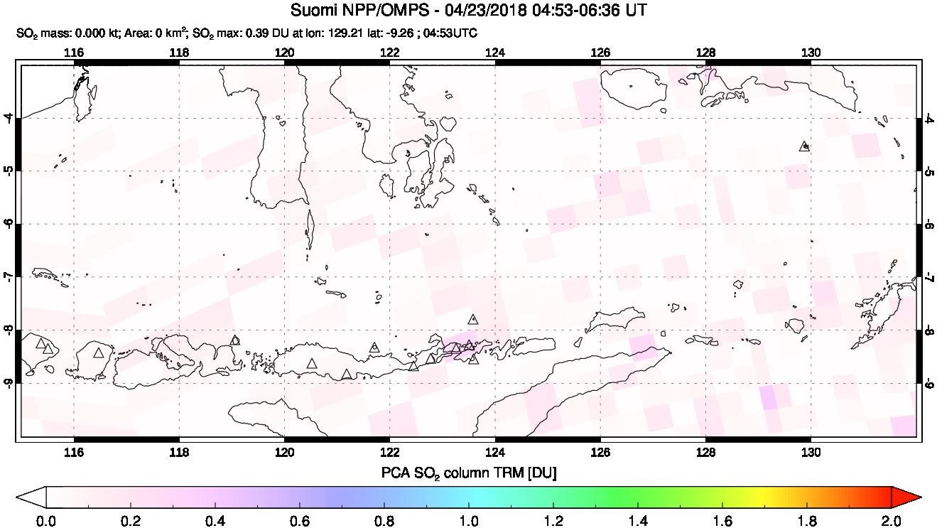 A sulfur dioxide image over Lesser Sunda Islands, Indonesia on Apr 23, 2018.