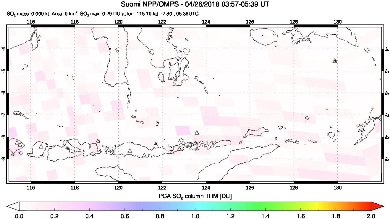 A sulfur dioxide image over Lesser Sunda Islands, Indonesia on Apr 26, 2018.