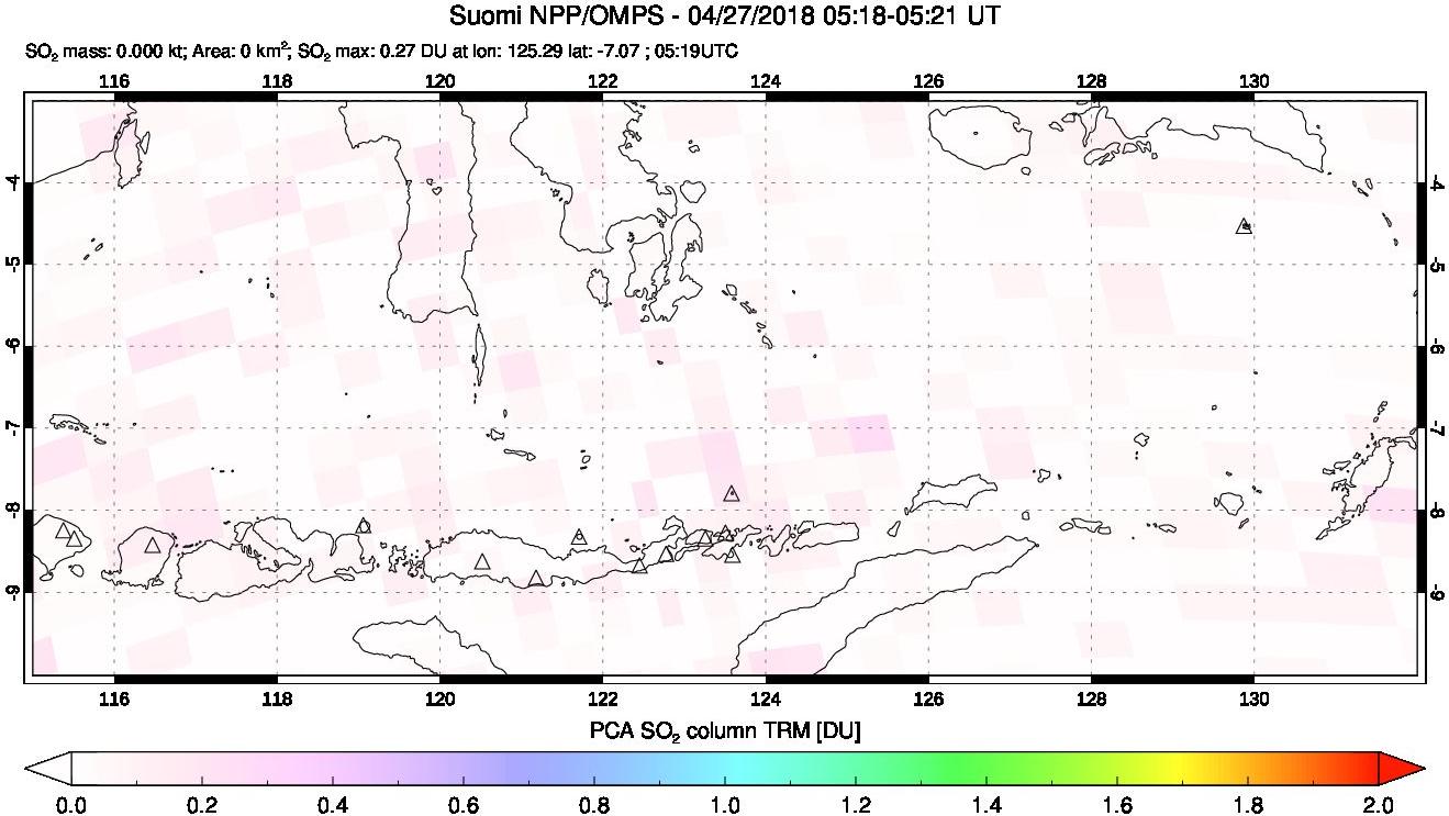 A sulfur dioxide image over Lesser Sunda Islands, Indonesia on Apr 27, 2018.