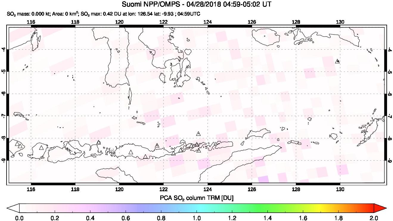 A sulfur dioxide image over Lesser Sunda Islands, Indonesia on Apr 28, 2018.