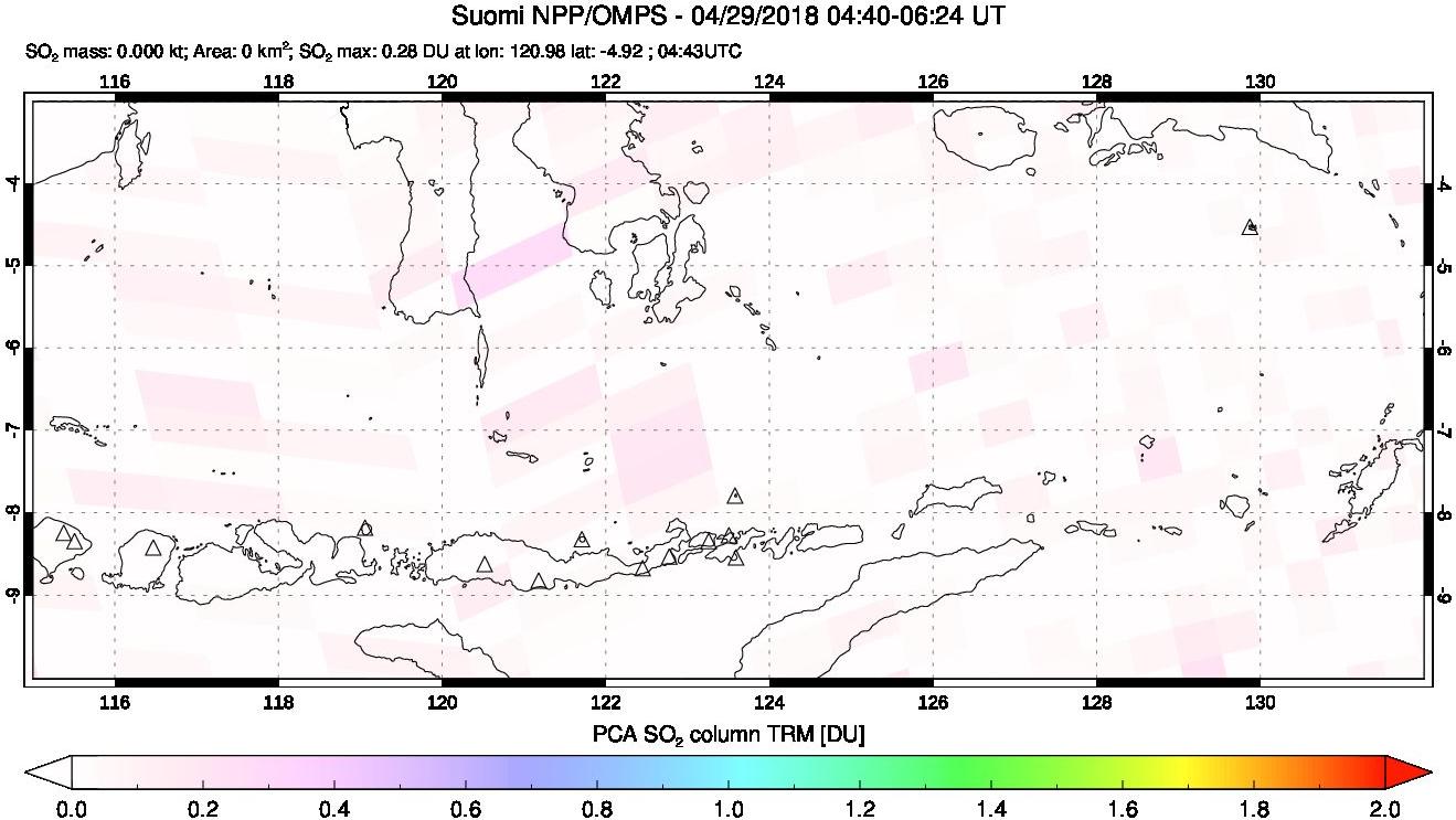 A sulfur dioxide image over Lesser Sunda Islands, Indonesia on Apr 29, 2018.