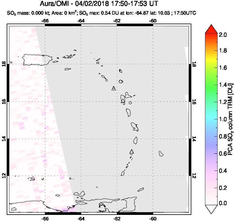 A sulfur dioxide image over Montserrat, West Indies on Apr 02, 2018.