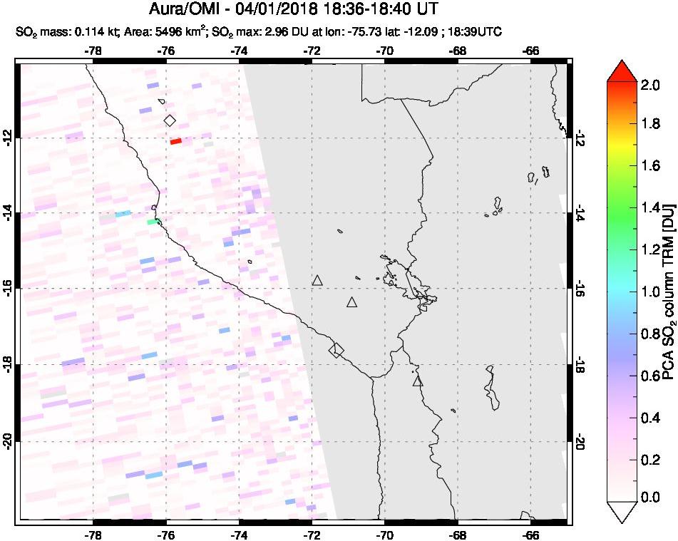 A sulfur dioxide image over Peru on Apr 01, 2018.