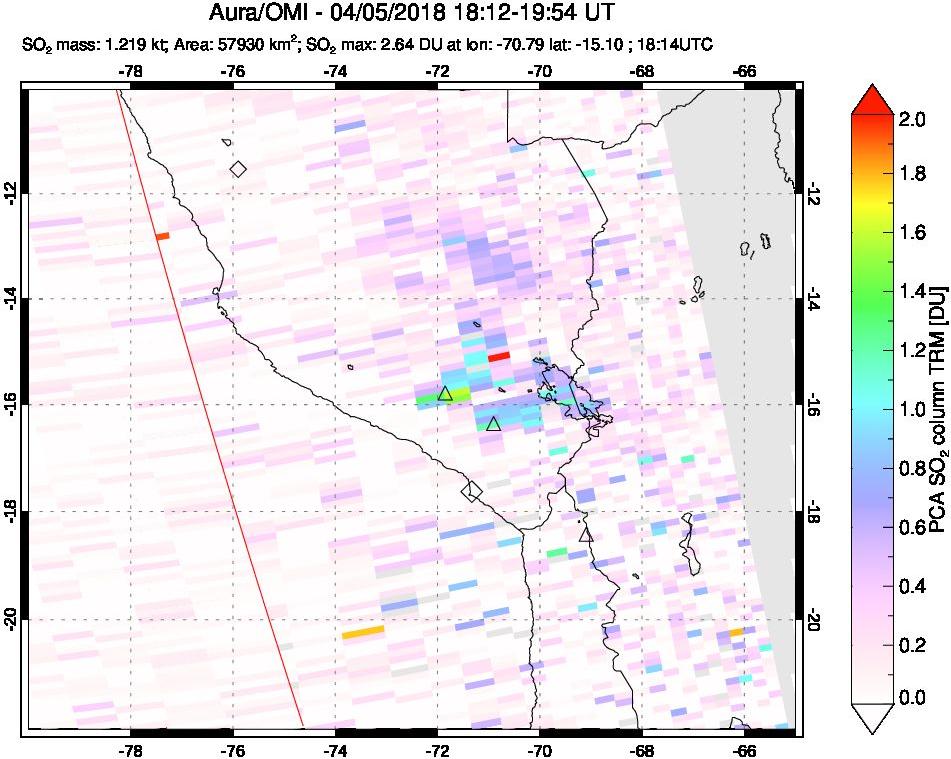 A sulfur dioxide image over Peru on Apr 05, 2018.