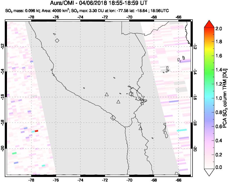 A sulfur dioxide image over Peru on Apr 06, 2018.