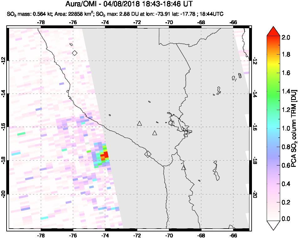 A sulfur dioxide image over Peru on Apr 08, 2018.
