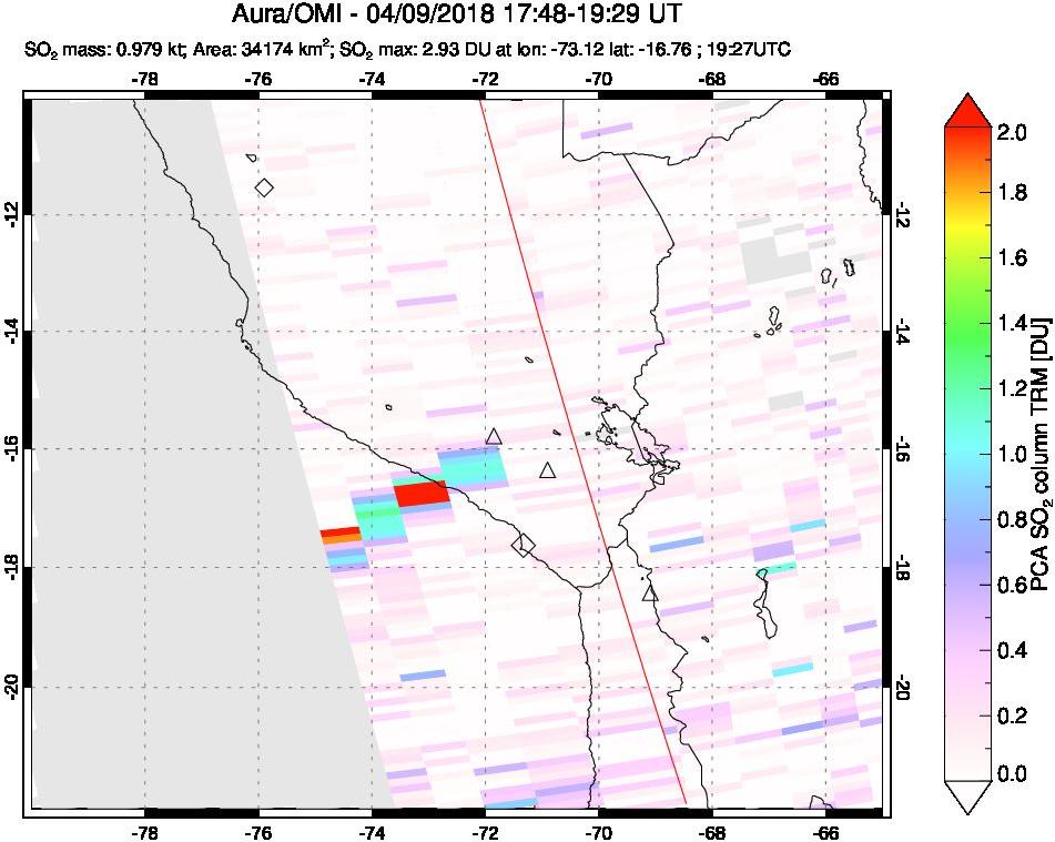 A sulfur dioxide image over Peru on Apr 09, 2018.